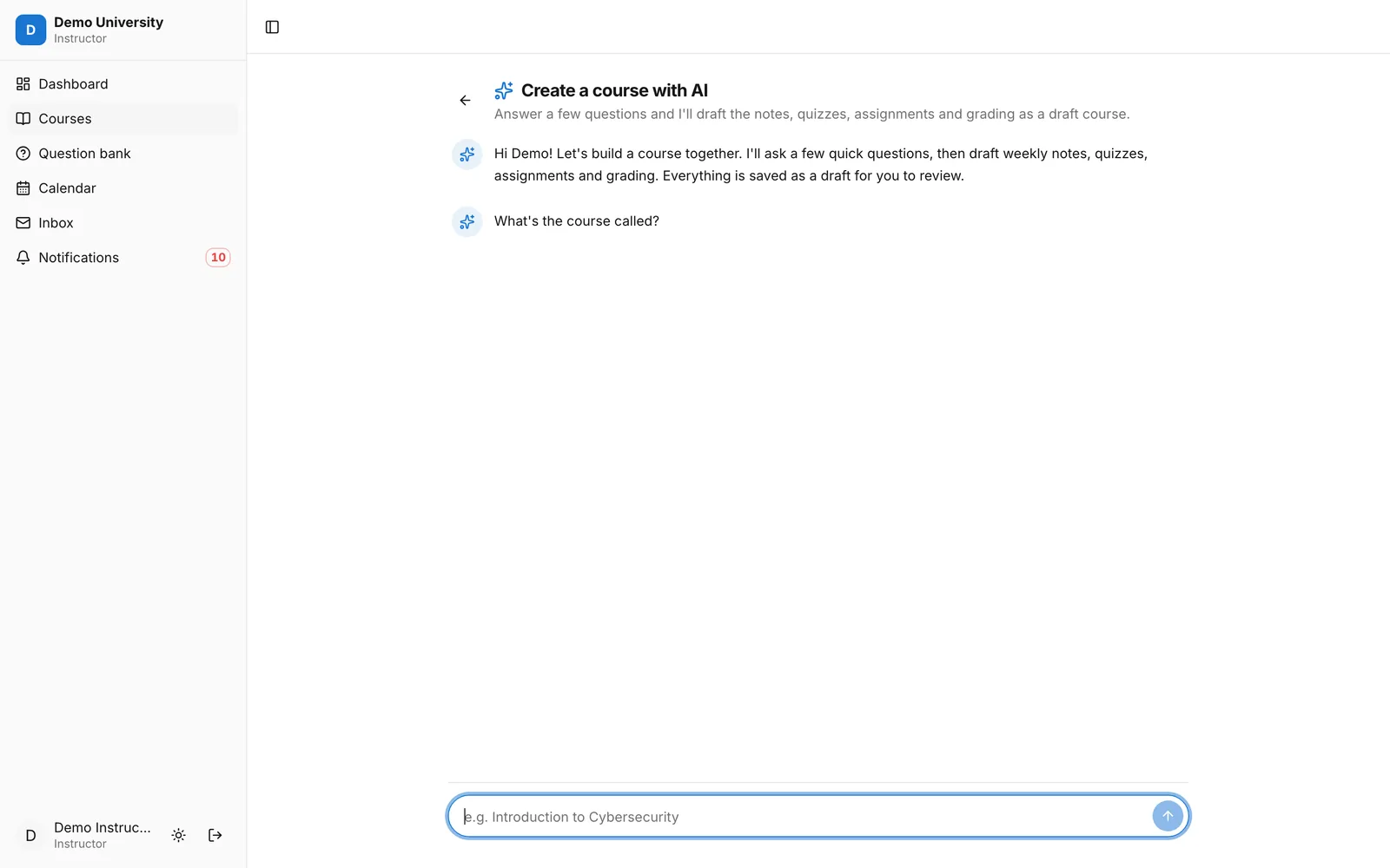 The Lernie AI course builder starting a conversation