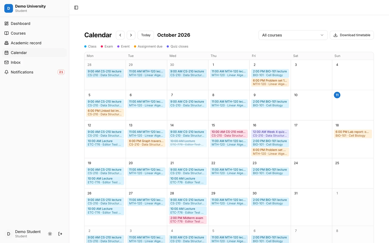 The Lernie calendar with classes, deadlines and an exam