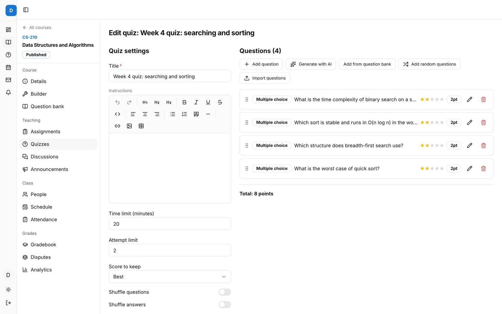 Editing a quiz in Lernie, with options to add questions from a bank or generate them with AI